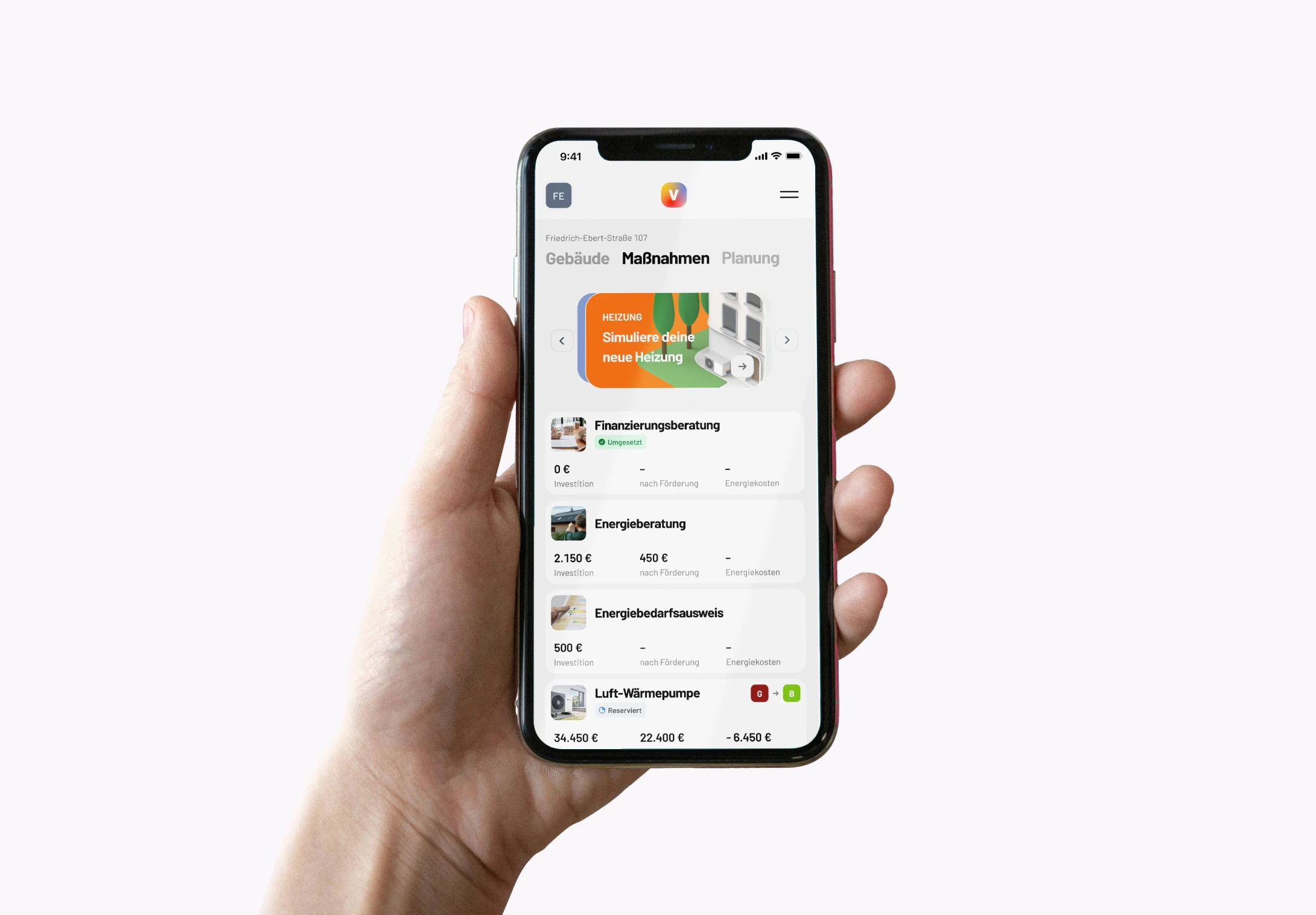 Smartphone Screen auf dem die Plattform viadukt angezeigt wird: Eine Liste aller möglichen Sanierungsmaßnahmen für Immobilien