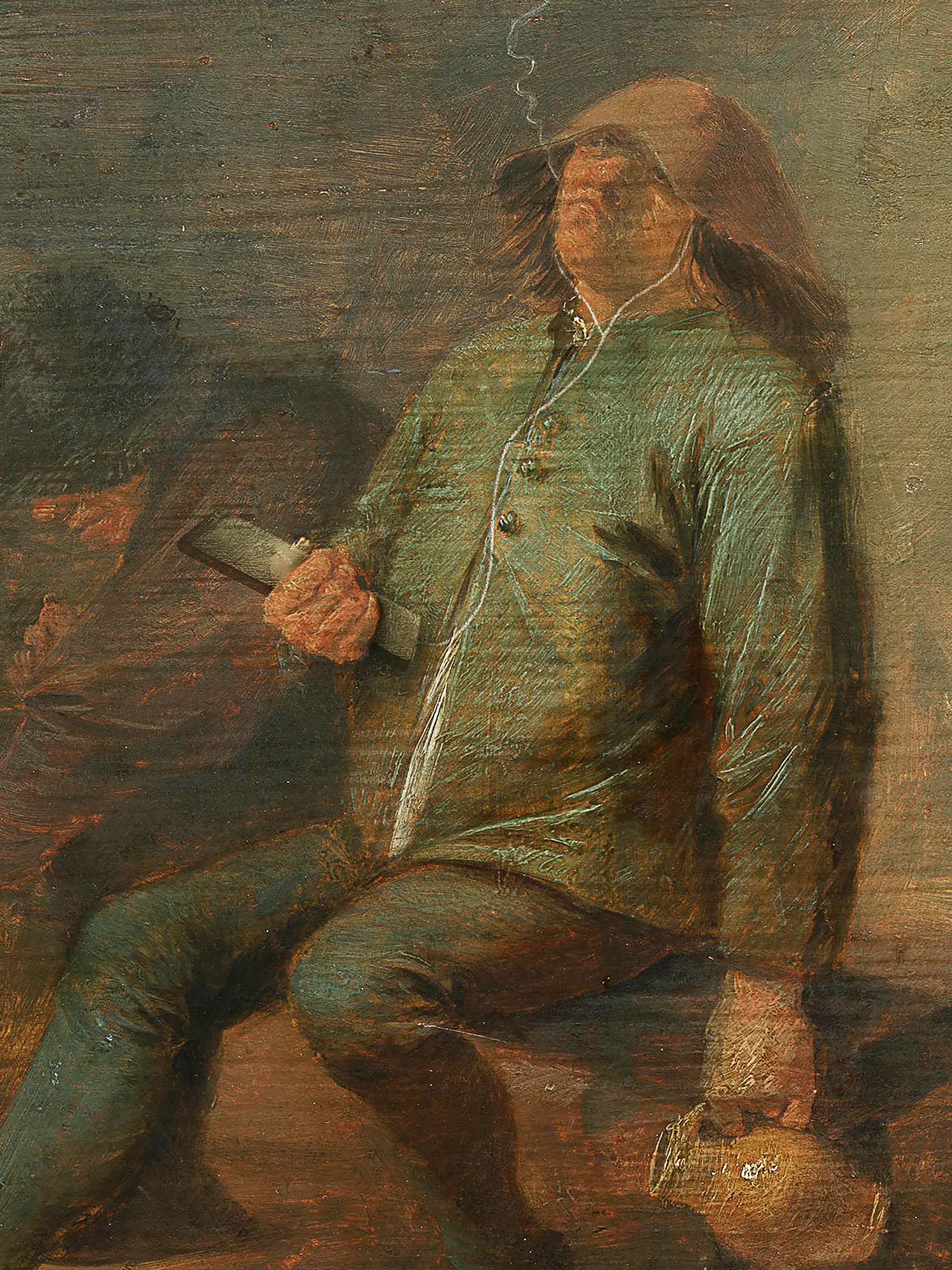 Genremalerei eines rauchenden Mannes mit geschlossenen Augen, Ohrhörern und Smartphone in der Hand — Keyvisual für Audioguide und App.
