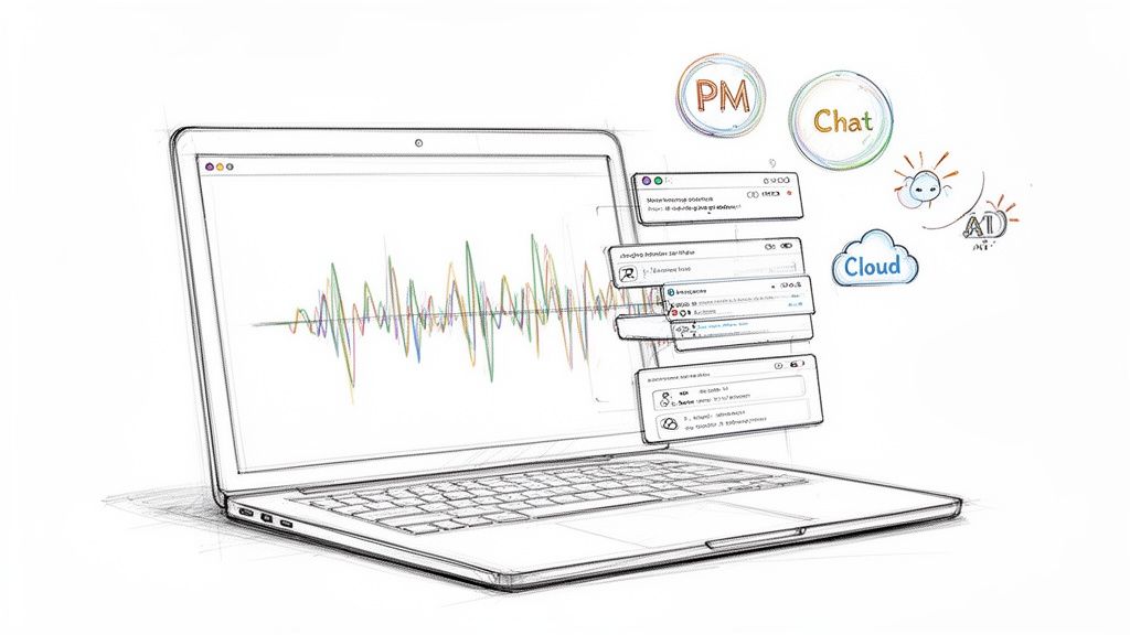 A detailed sketch of a laptop displaying data waveforms and multiple overlapping software windows. Icons for PM, Chat, Cloud, and AI surround it.