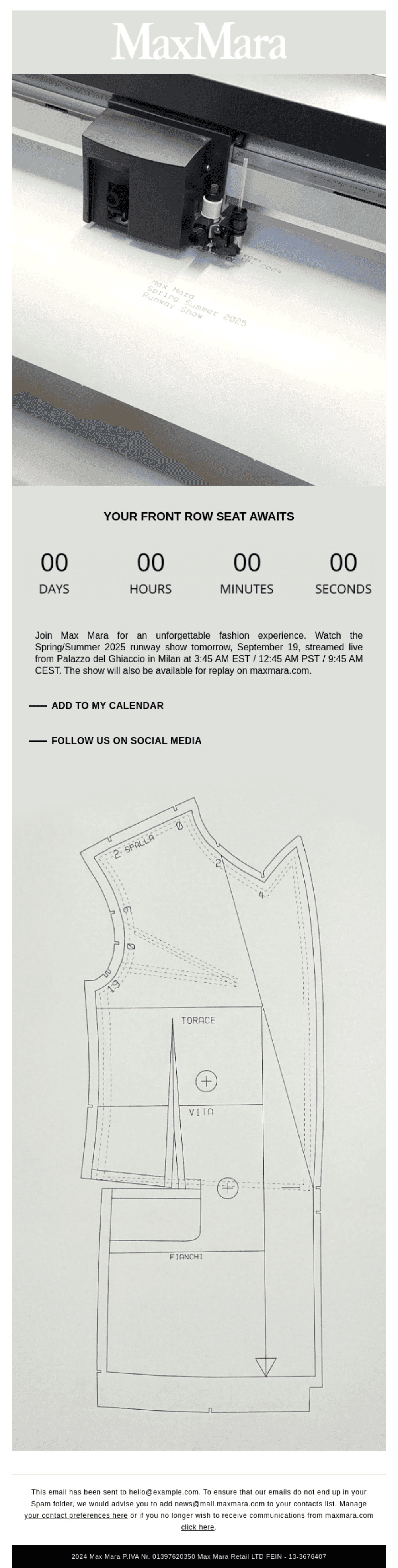 Max Mara Runway Countdown Email: "An elegant email with a countdown timer set to zero, promoting the Spring/Summer 2025 fashion show livestream. Features a sewing machine image and a minimalist design."