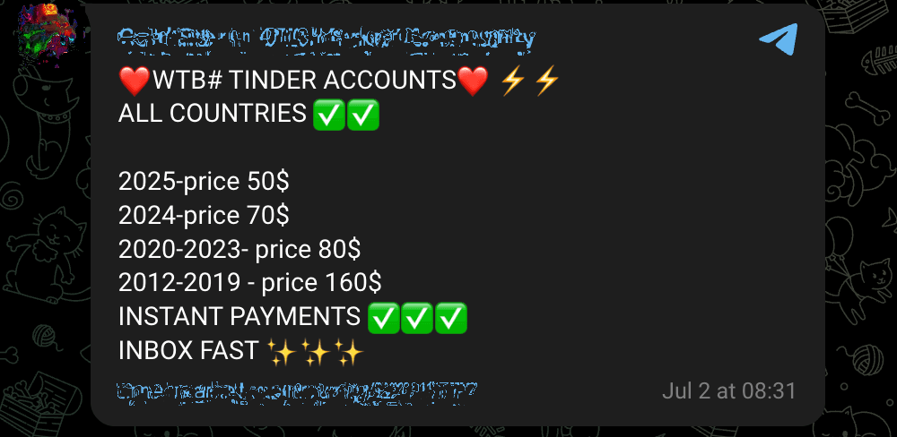 A screenshot of a Telegram post shared on July 2, 2026, in a self-styled “over the counter” group depicts a user (whose username Open Measures redacted) soliciting accounts for the dating platform Tinder, using the “WTB” acronym meaning “want to buy.” The post expresses interest in accounts from any country (“ALL COUNTRIES ✅✅”) and offers a range of premium prices for older accounts (“2025-price 50$, 2024-price 70$, 2020-2023- price 80$, 2012-2019 - price 160$”). At the bottom, the user includes a Telegram link for sellers to reach out privately, which Open Measures redacted from the screenshot.