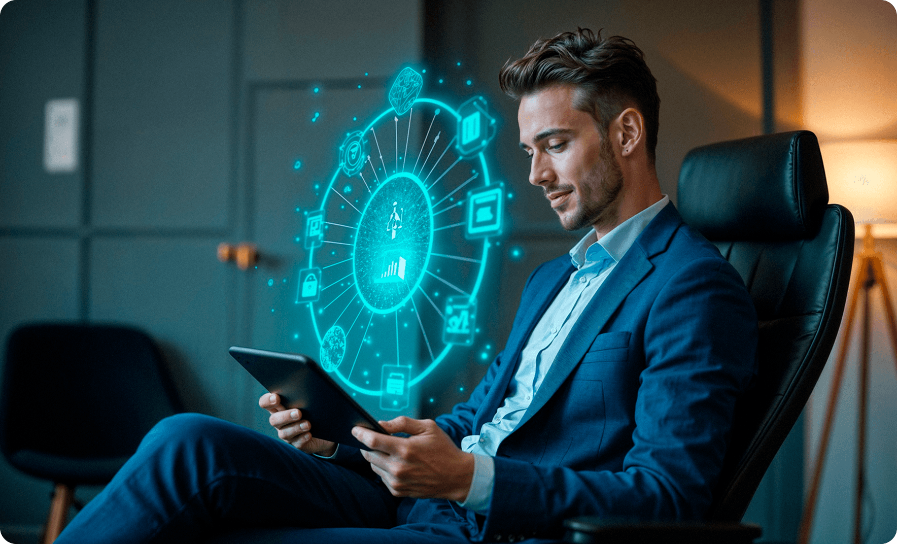 Businessman using tablet with digital data interface