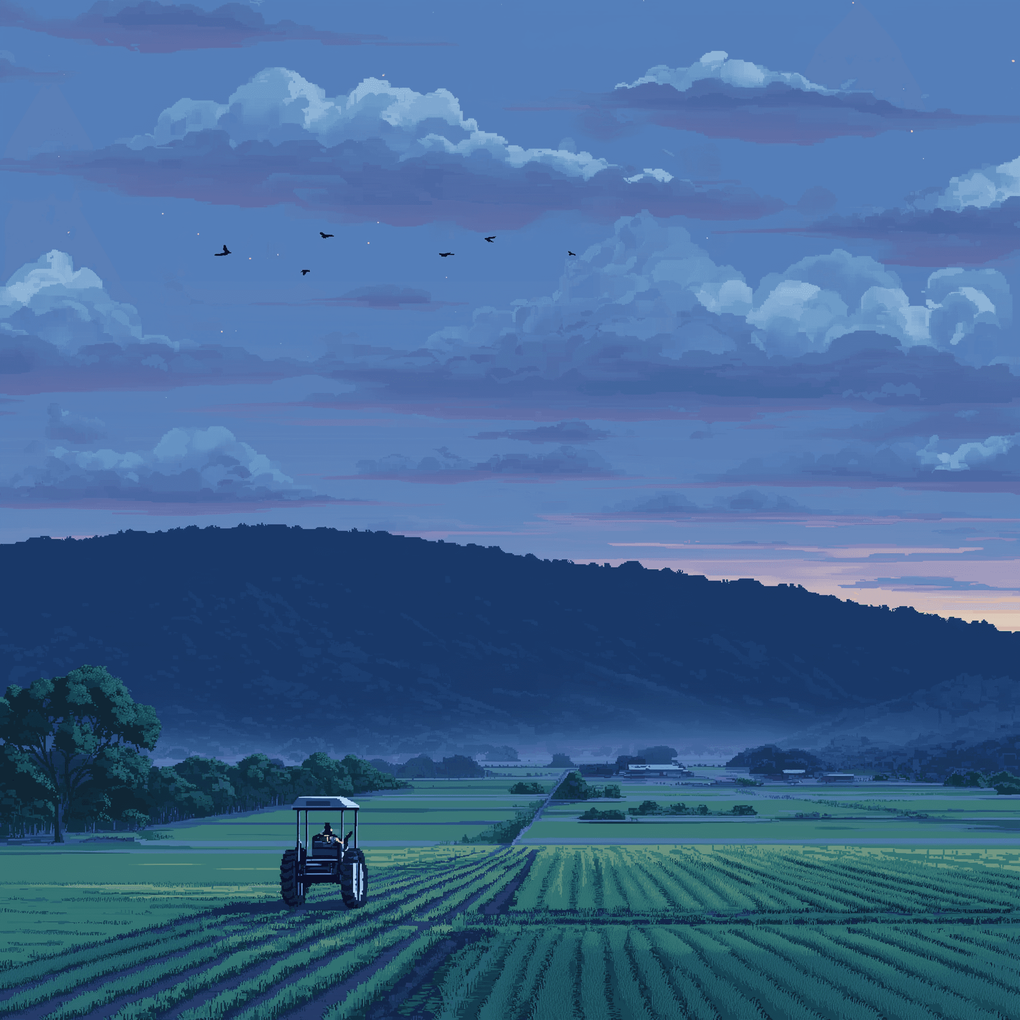 Pixel art of tractor in field.
