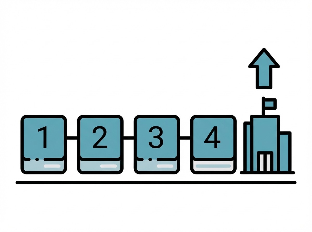 Grafik: Zahlen 1 bis 4 in Kästen führen zu einem Gebäude. Ein Pfeil darüber zeigt nach oben. Symbolisiert den Aufstieg nach der 4. Stufe.