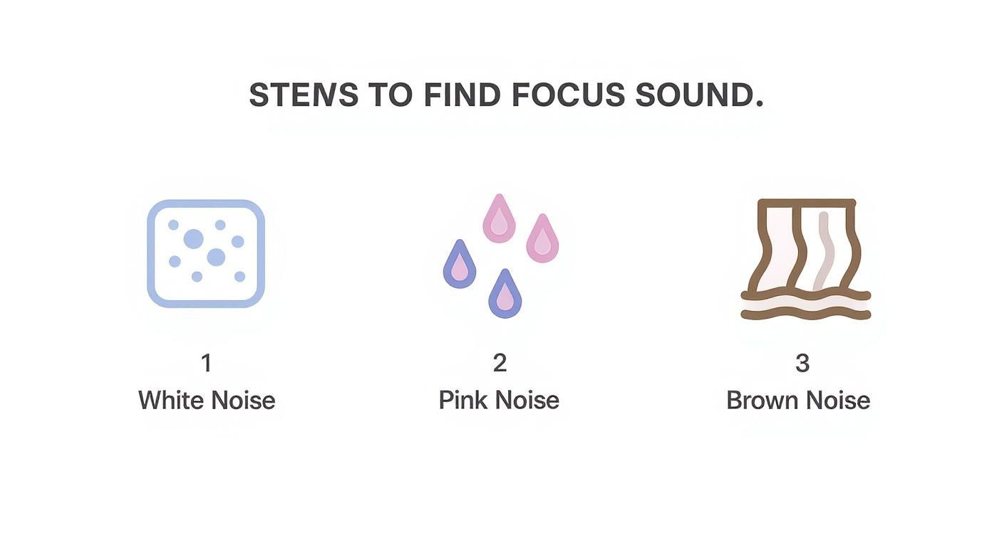 Three types of focus sounds: white noise, pink noise, and brown noise illustrated with icons