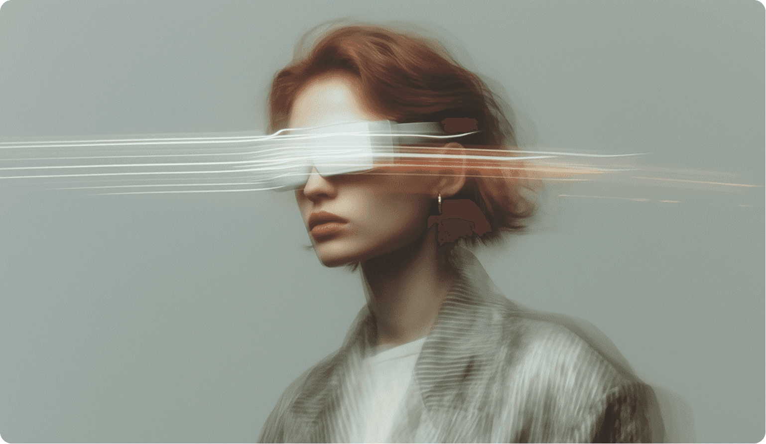 A person with short reddish hair is wearing futuristic white visor glasses emitting horizontal light trails, standing against a minimalist gray background, creating a blurred, motion effect.