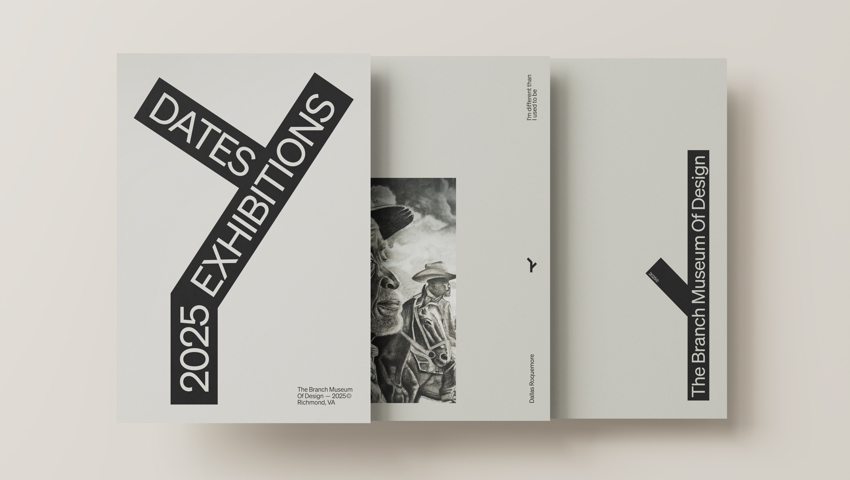 Exhibition catalog and graphic design materials for The Branch Museum of Design, featuring bold typographic layouts and minimalist exhibition branding.