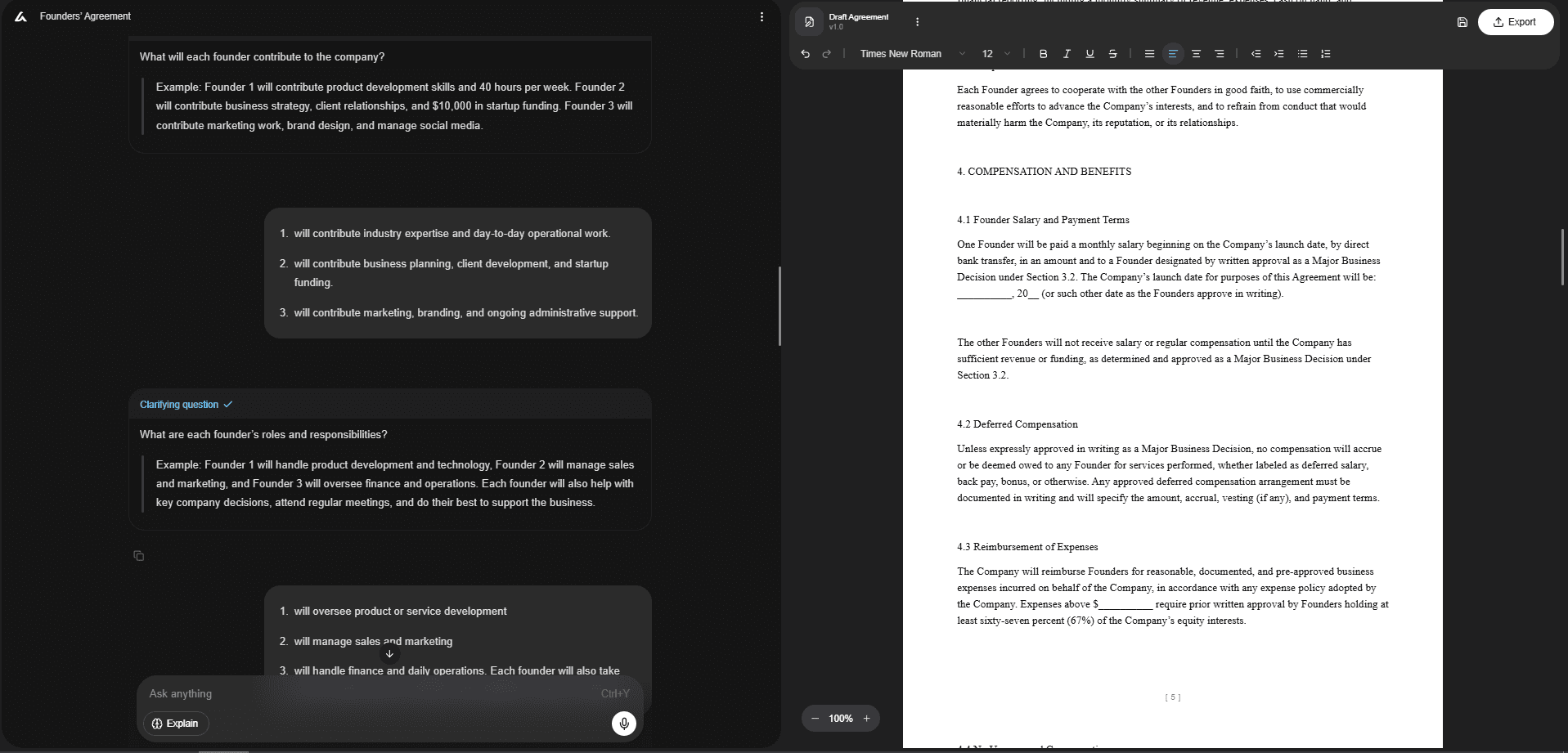 Split-screen interface showing an AI tool collecting contract terms for an immigration letters agreement while generating the draft document on the right.