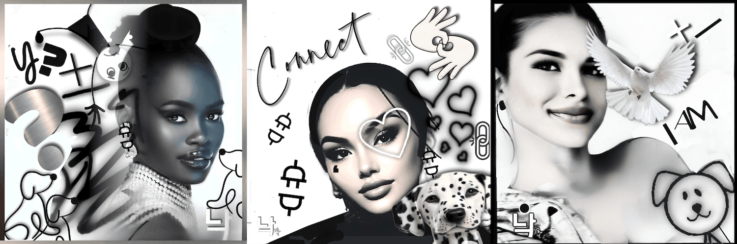 Three monochrome DigitalPop portraits surrounded by doodles, symbols, hearts, a dove, and a Dalmatian.