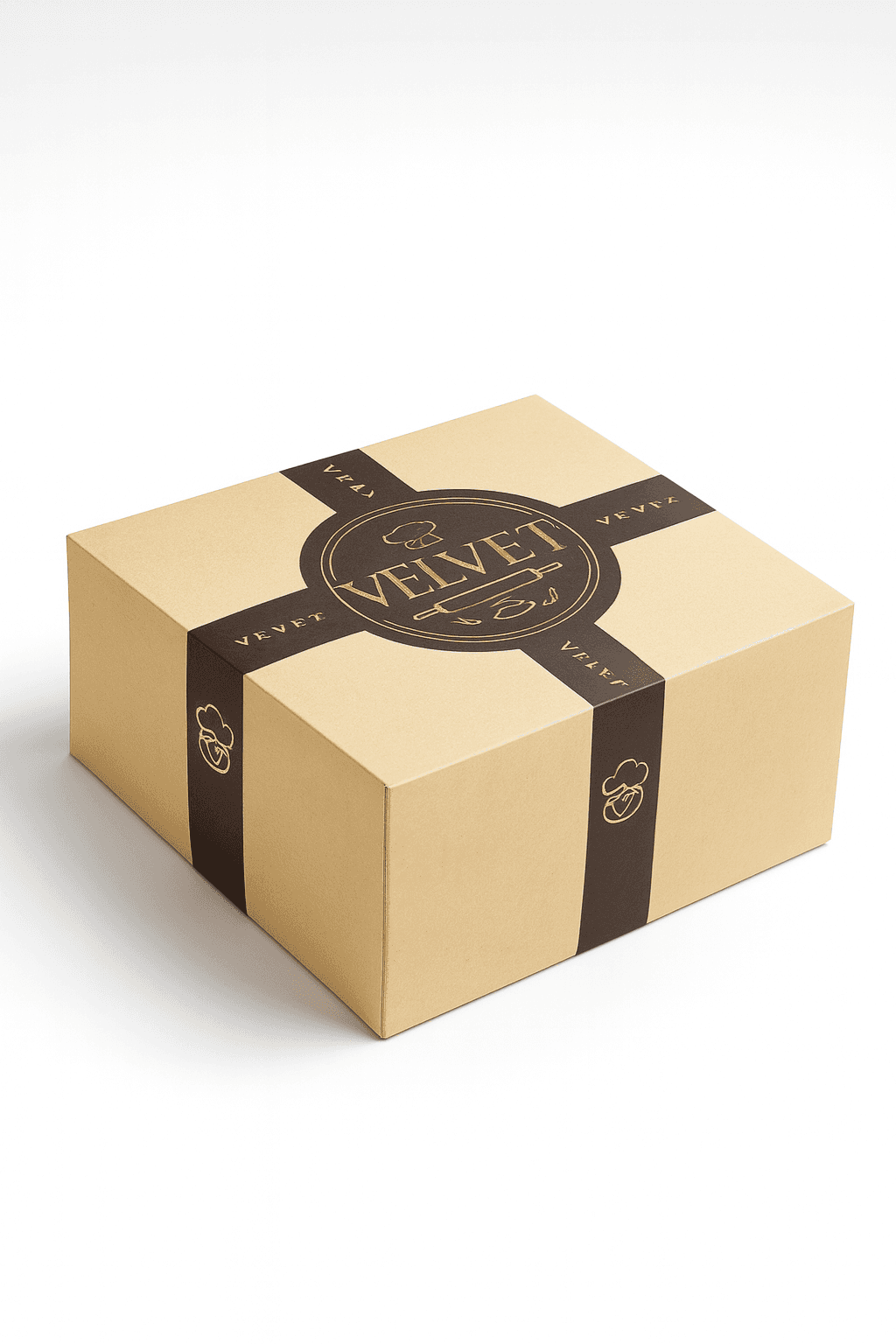 Custom printed kraft cake box with logo branding band for premium bakery packaging.