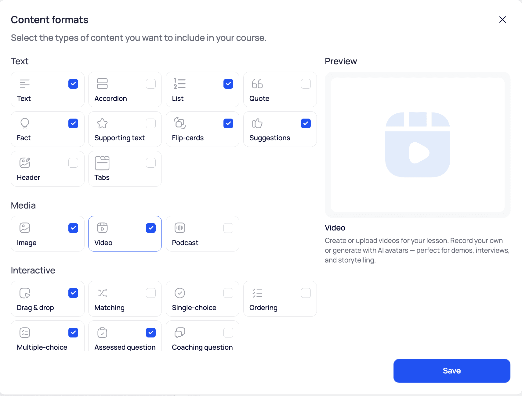 AI course creator content formats selection screen showing text, step-by-step lessons, flip cards, tables, images, video, and podcast formats.