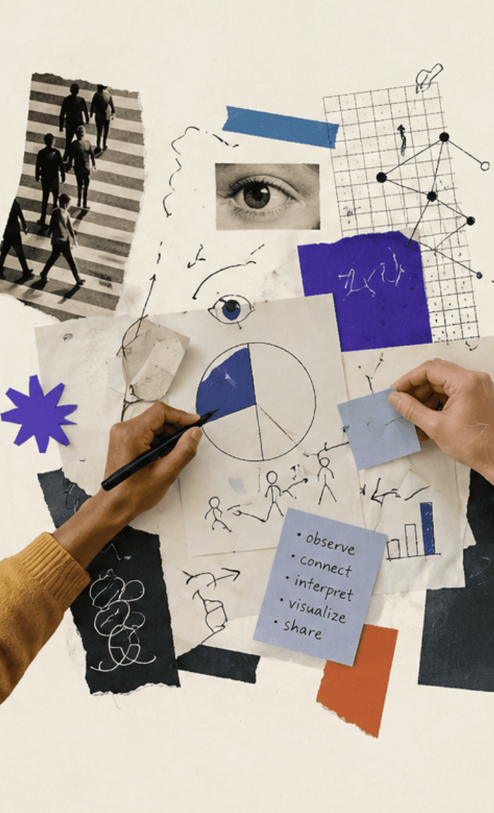 Mixed-media collage combining sketches, diagrams, and cut-out images.
