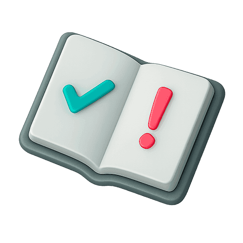 Open book with green checkmark and red exclamation