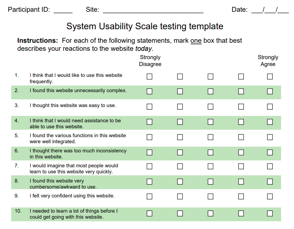 System Usability Scale testing template