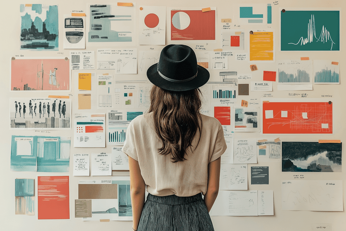 Creative strategist studying a mood board covered with charts, sketches, and design concepts.