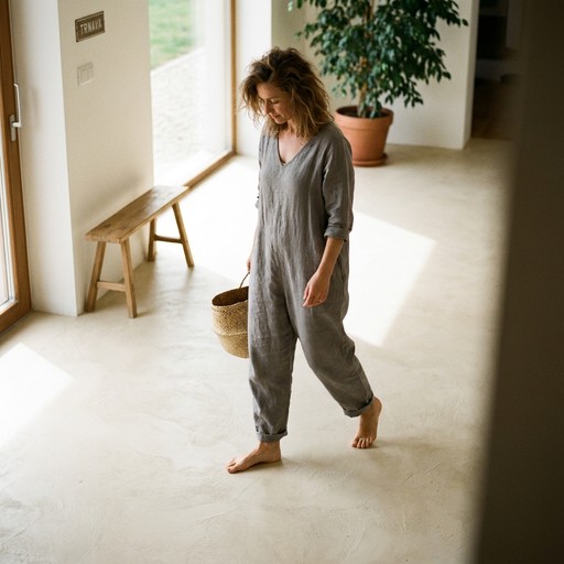 A candid photo of ANDREA NOVÁKOVÁ, a woman in comfortable home wear, walking bare feet across a seamless, luxurious, cream-colored matte micro-cement epoxy floor in her entrance hall. The light is soft natural daylight, emphasizing texture. Minimalist decor. Filmic grain, shallow depth of field, authentic moment, looking luxurious but down-to-earth. Trnava, Slovakia.