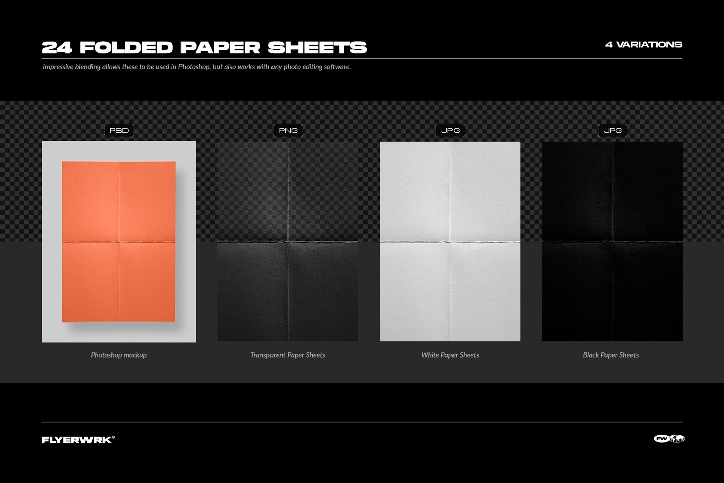 Content overview showing folded paper sheets in four formats including PSD mockup and transparent PNG files