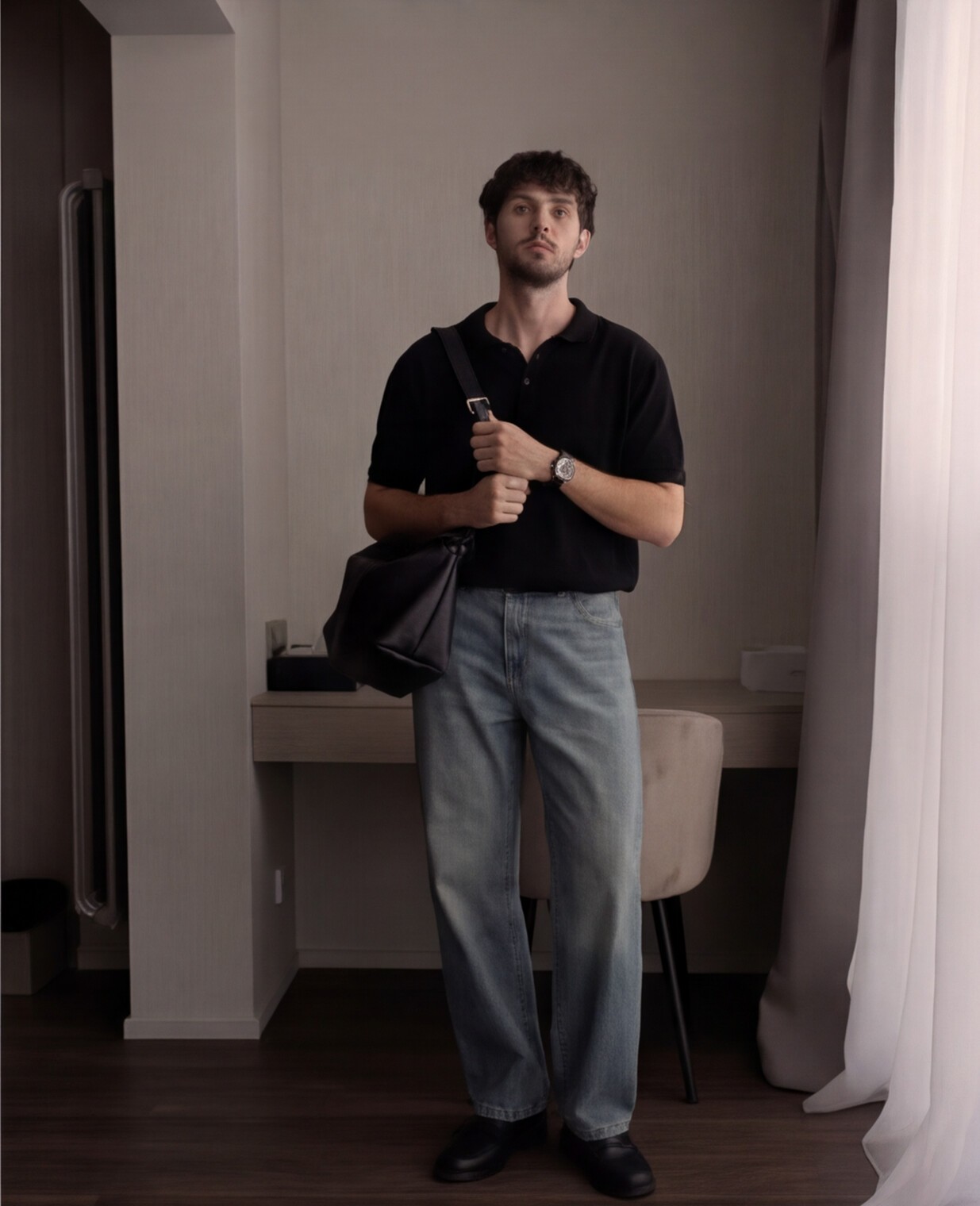 Black Polo with Relaxed Blue Denim