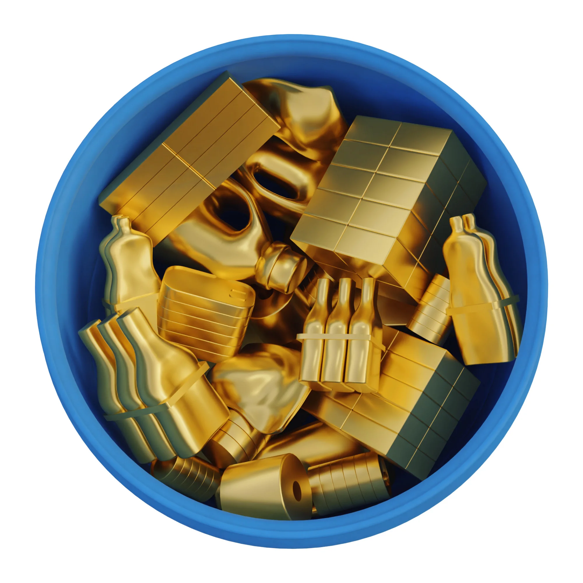 A top down 3d render of a blue barrel with groceries and household items textures in gold.