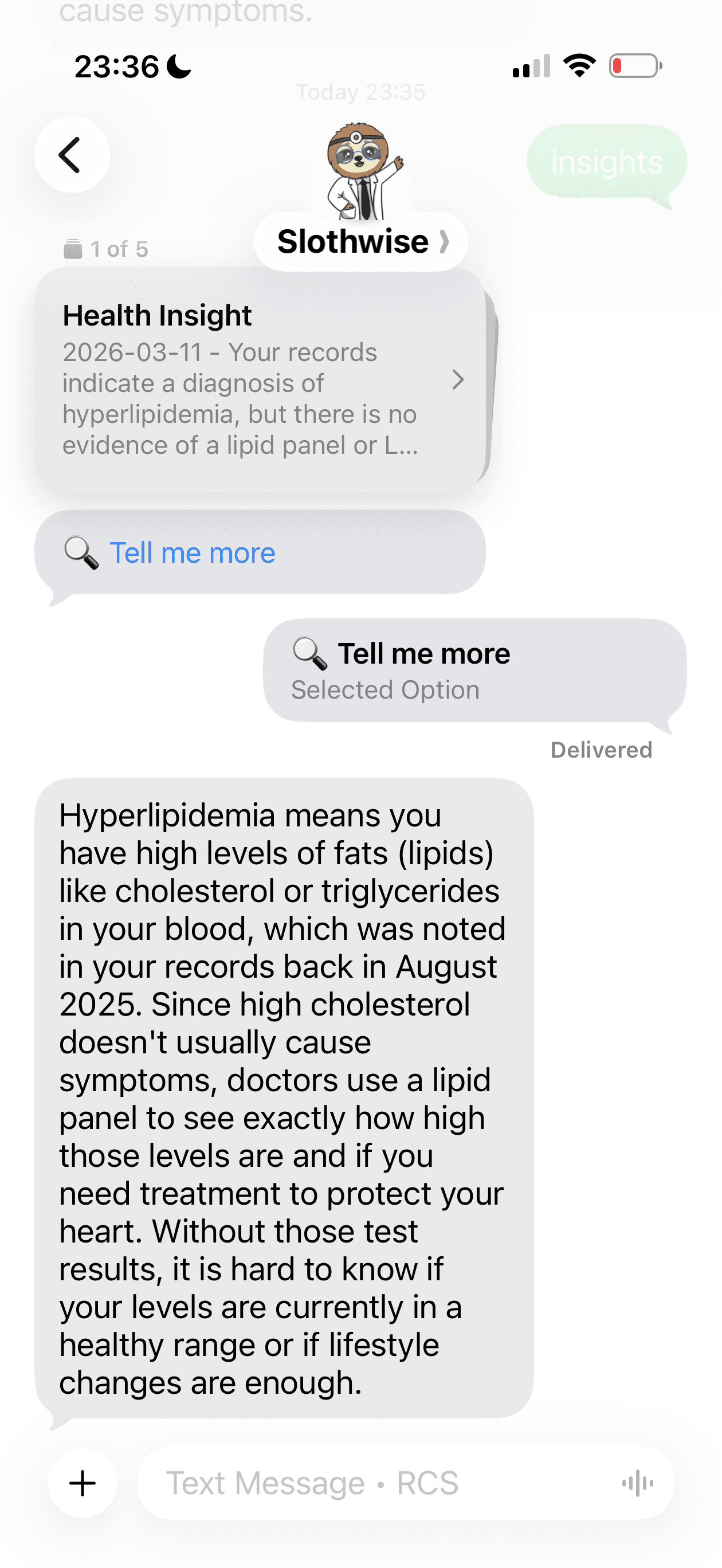Slothwise health app dashboard with daily summary, insights, and reminders sections in light mode