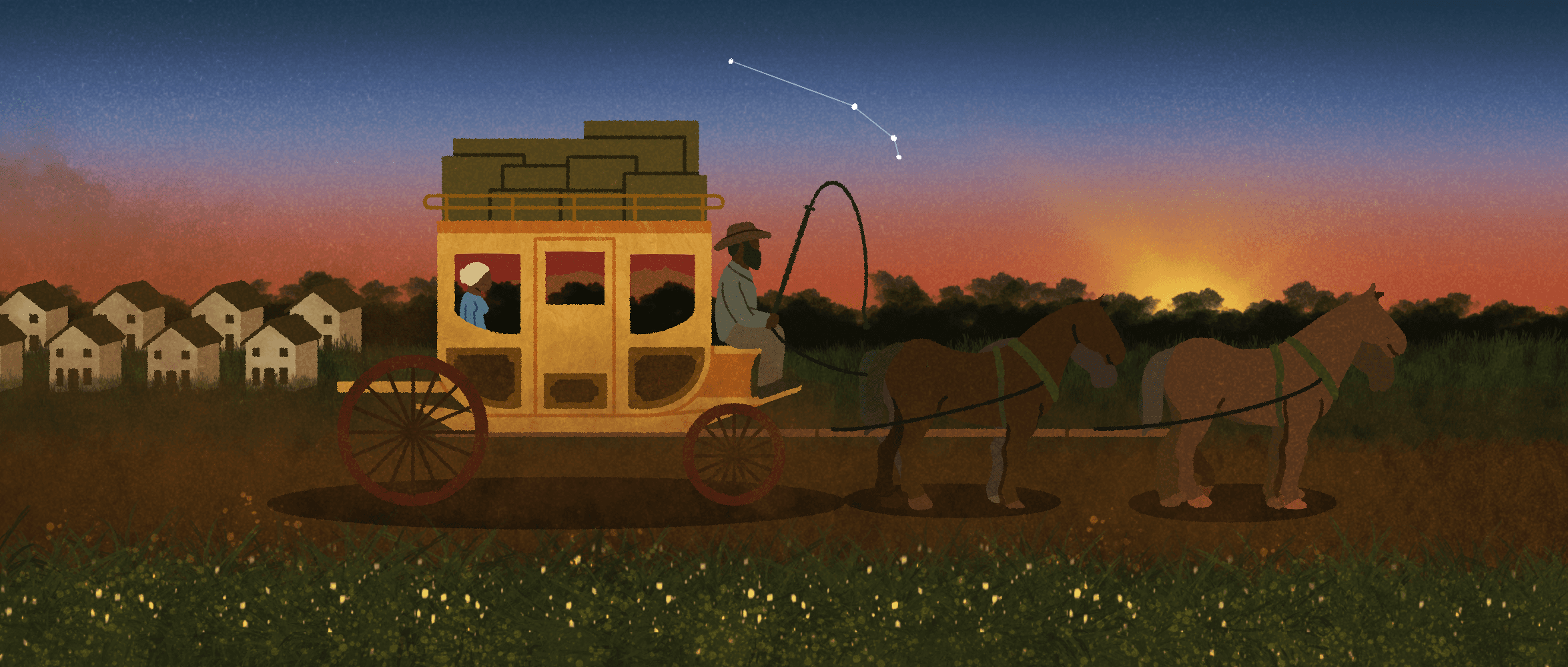 Illustration of young woman leaving home via horse and carriage.