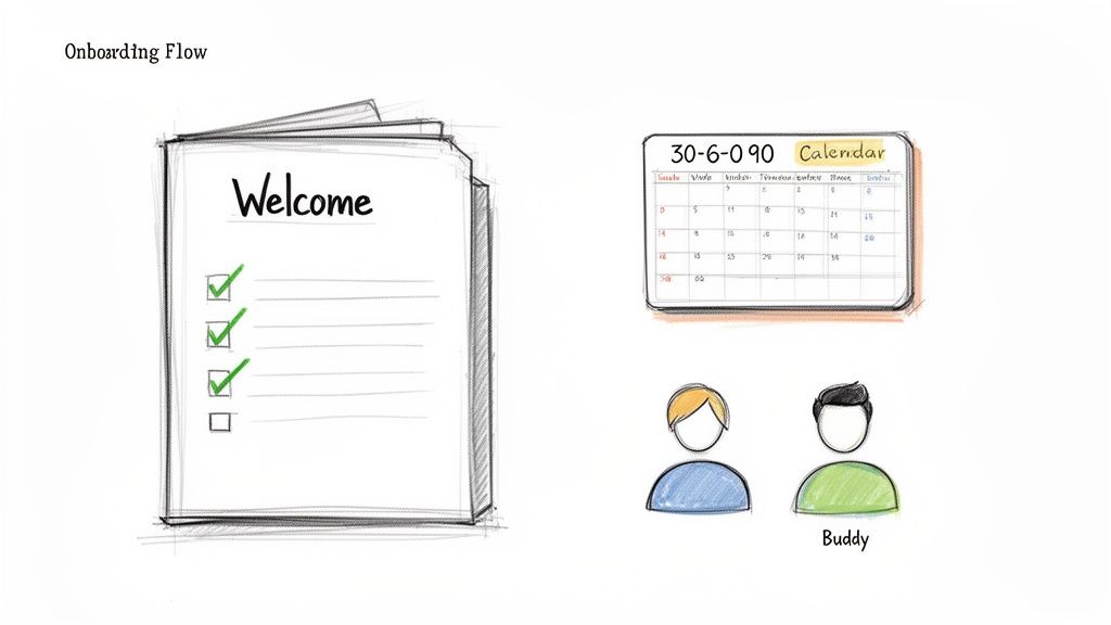 Hand-drawn illustration of an onboarding flow featuring a welcome checklist, calendar, and a buddy system.