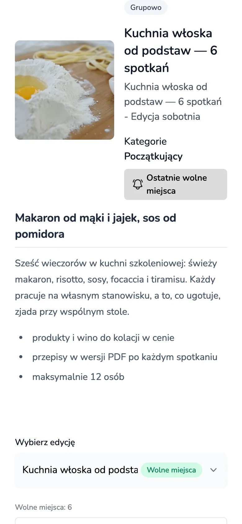 Strona kursu z wyborem edycji i liczbą wolnych miejsc