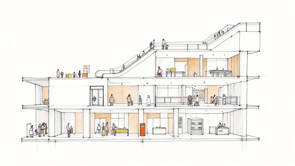 Architectural cross-section drawing of a multi-story building showing people on escalators and various activities inside.