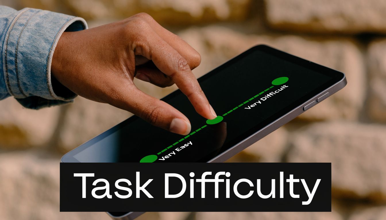 A hand using a finger to select a difficulty level on a tablet screen for user testing.