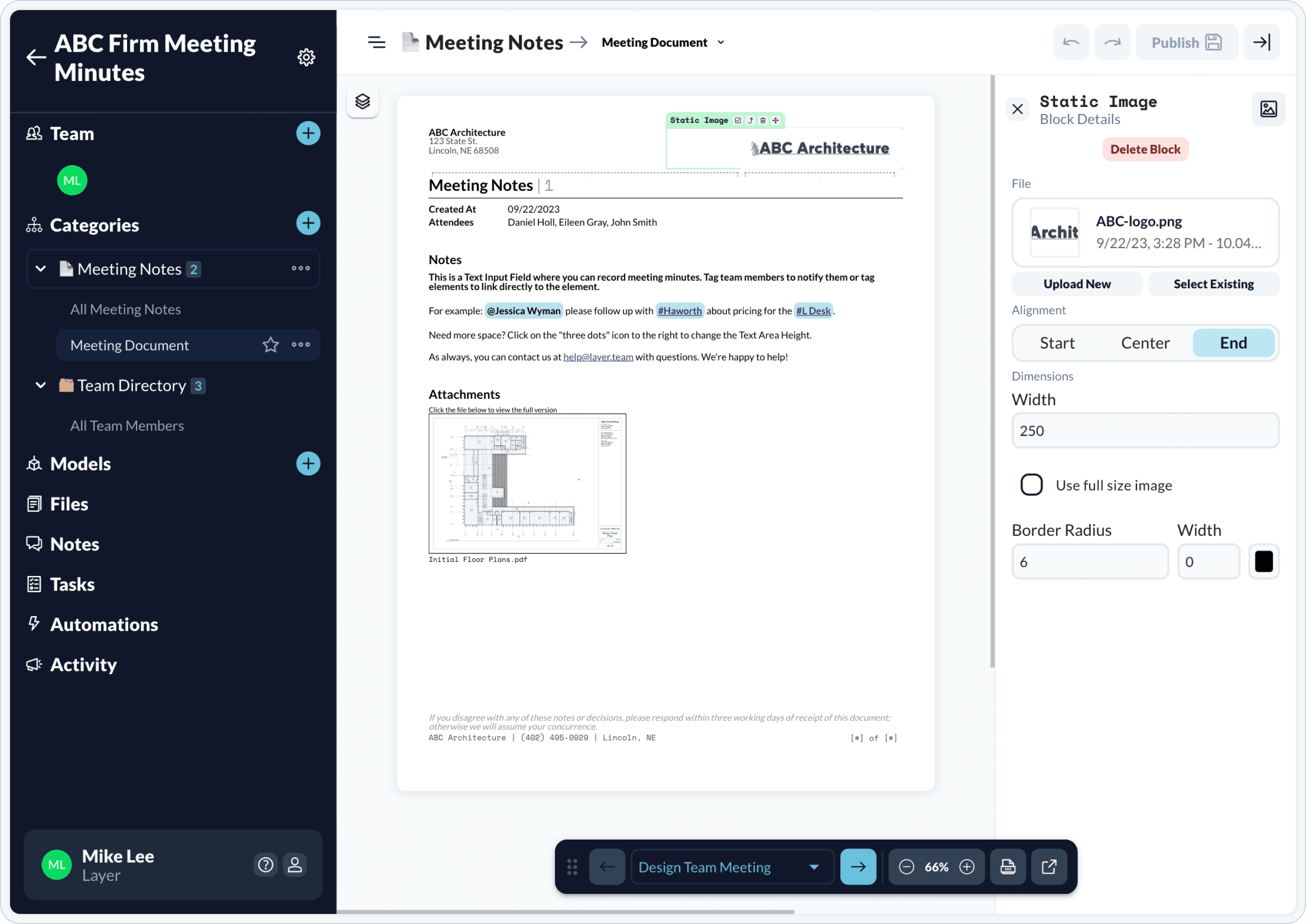 meeting minutes tagged directly to a floorplan or model