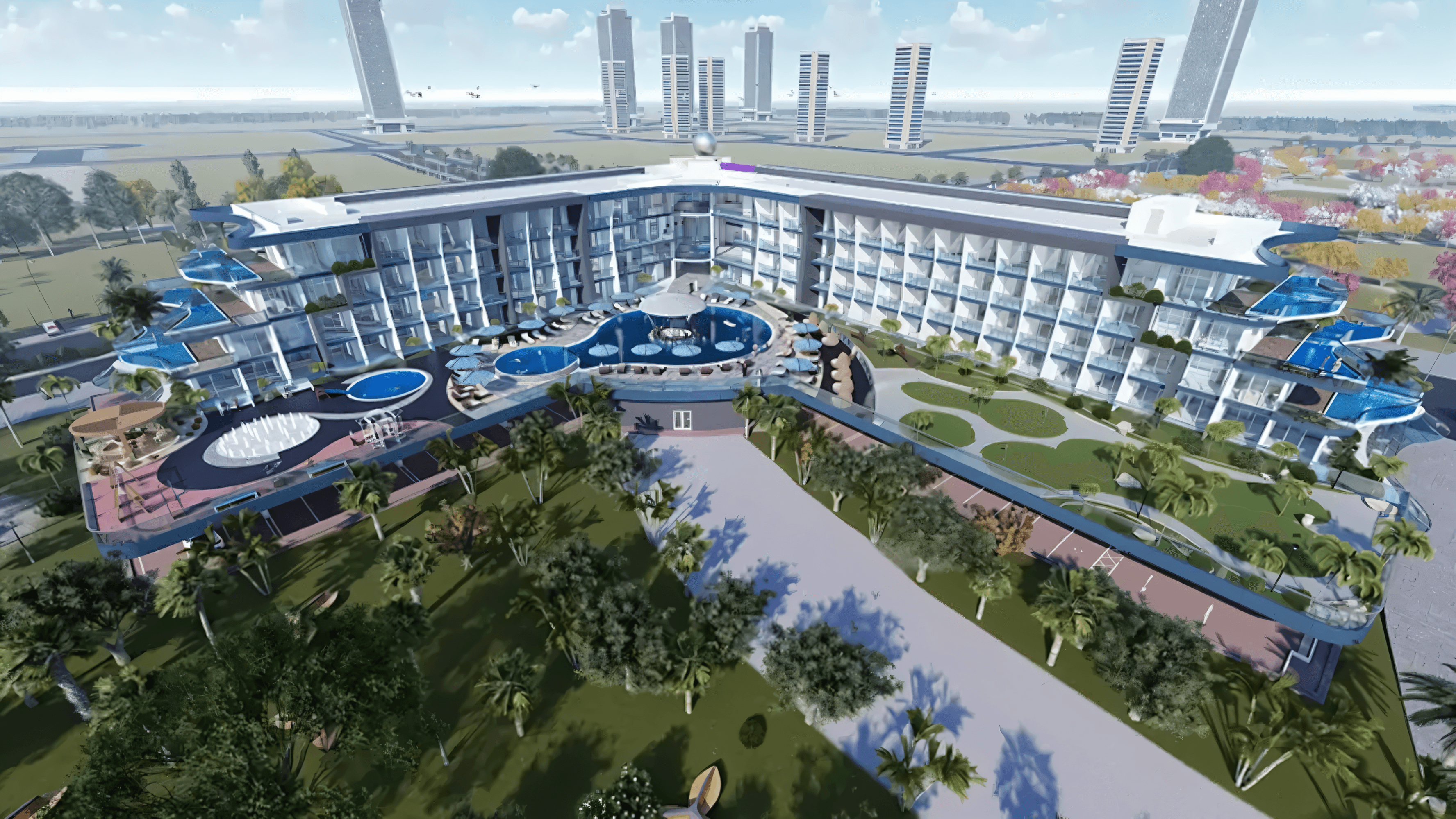 The new hotel construction on the beach at Samana Golf Avenue, highlighting the coastal landscape and building progress.
