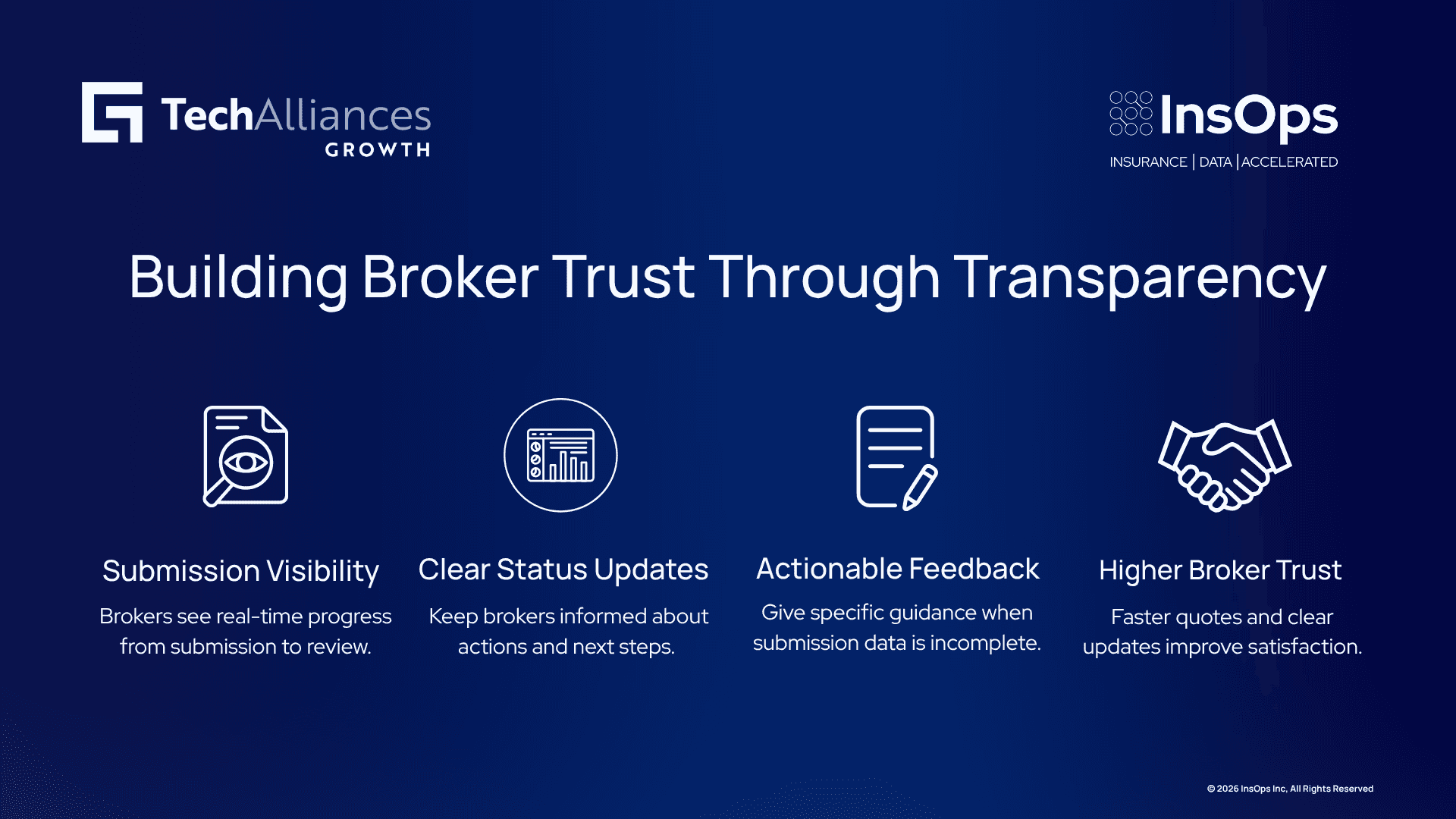 Four-step infographic on broker trust: submission visibility, status updates, actionable feedback, higher broker trust