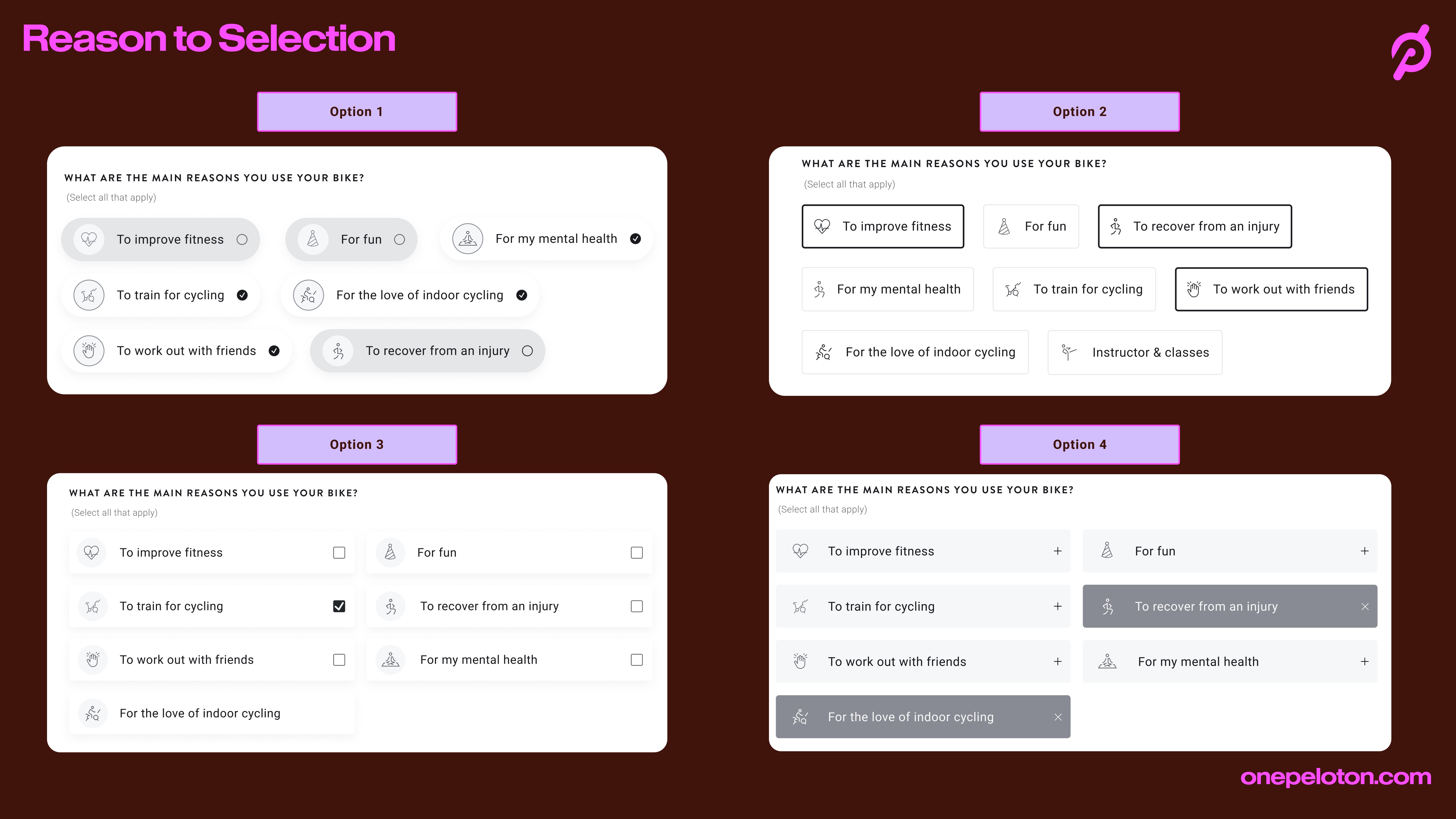 Four interface options for the question “What are the main reasons you use your bike?”