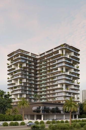 Barari Palace daytime exterior render showcasing the white facade with staggered balconies and surrounding greenery