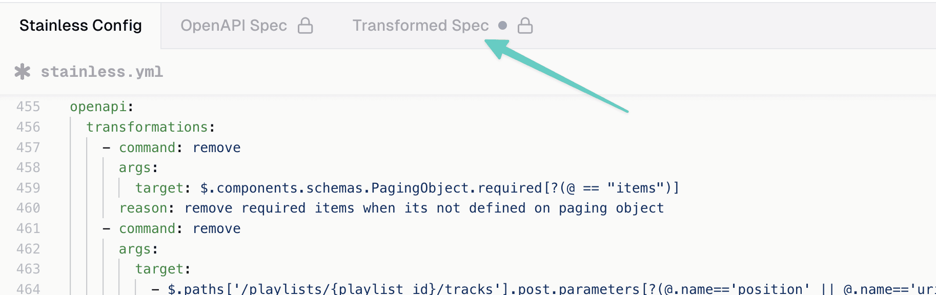 Transformed spec file in the Stainless Studio