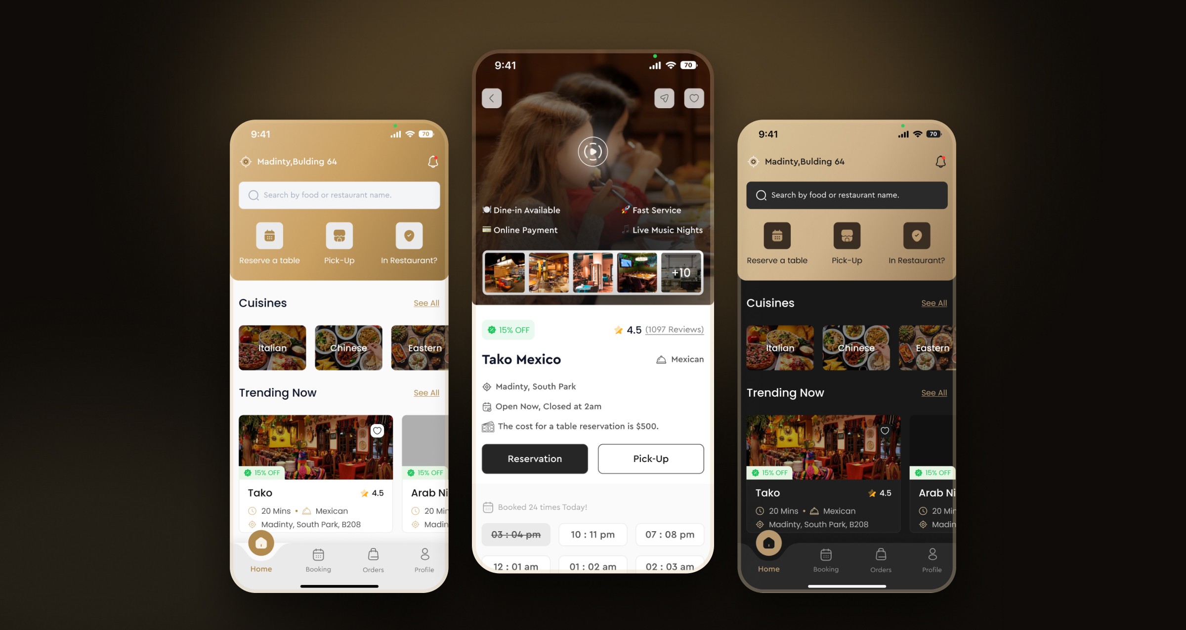 Eats & Beats: three phones showing the light Home screen, the restaurant page and the dark Home screen.