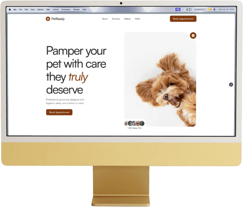 A mac mockup showing the website for pet care services