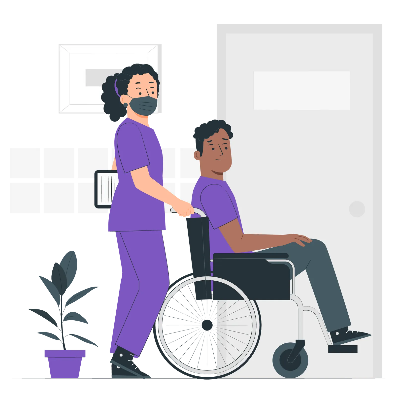 A healthcare working assisting a young man in a wheelchair.