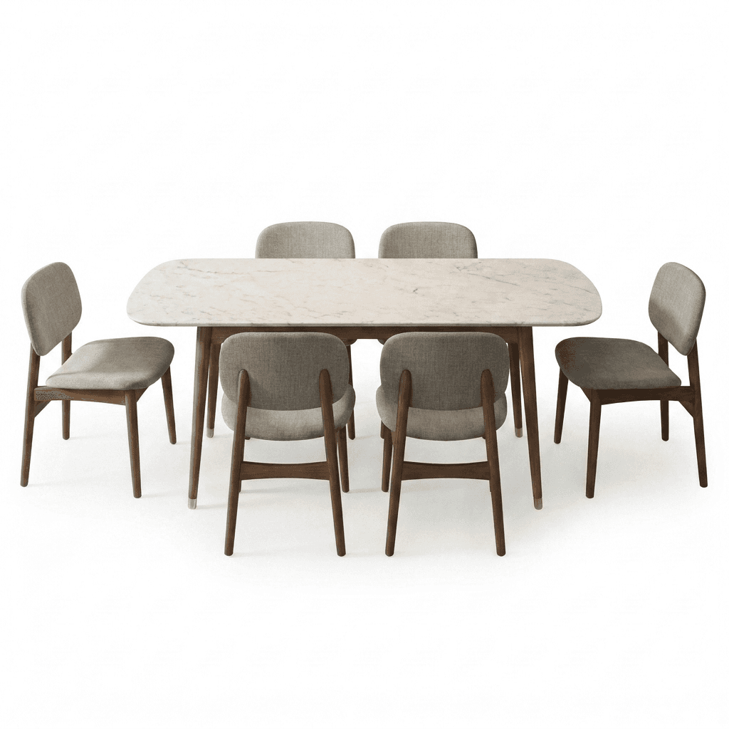 Rounded dining table with light upholstery chairs arranged for relaxed family dining