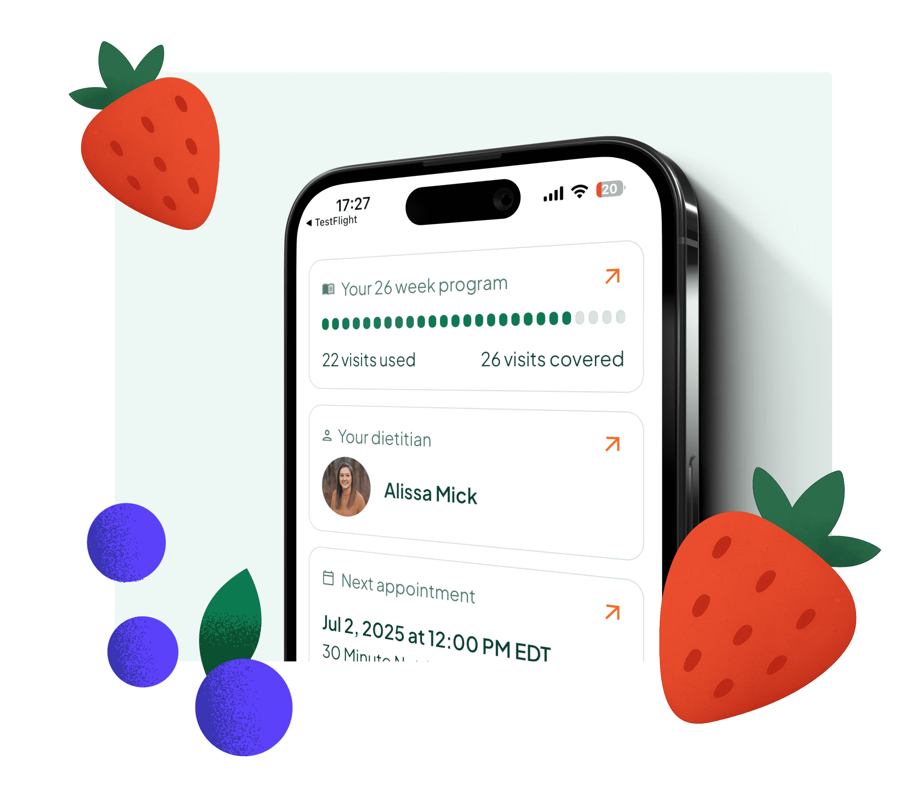 Woman smiling at her phone learning her nutrition therapy is covered by insurance