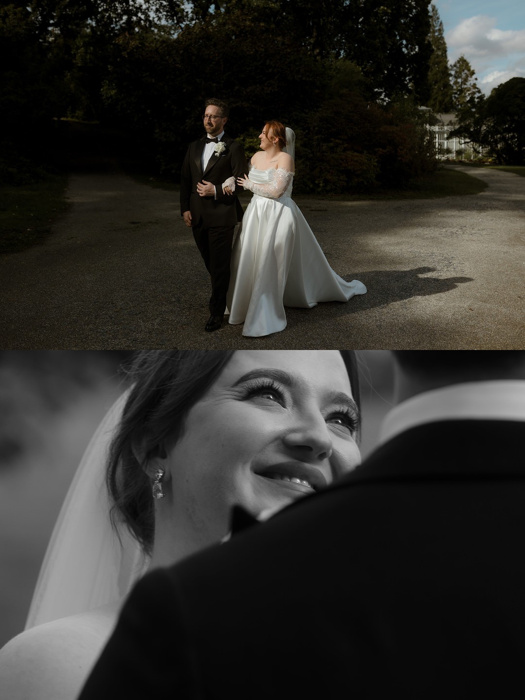 collage von Brautpaar im Bergpark bei kontrastreichem Licht