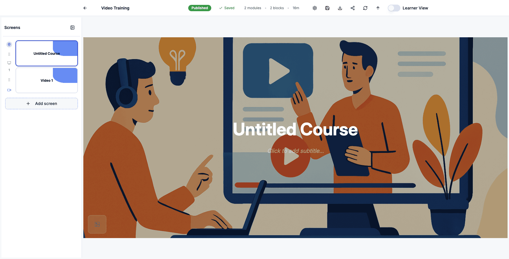 Click Add screen to view all available content types you can add to your course.