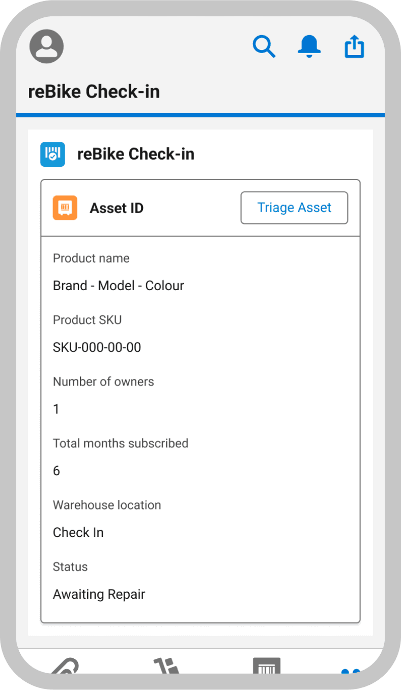 A mobile screenshot displaying the Asset Cards of the WMS App check In feature.