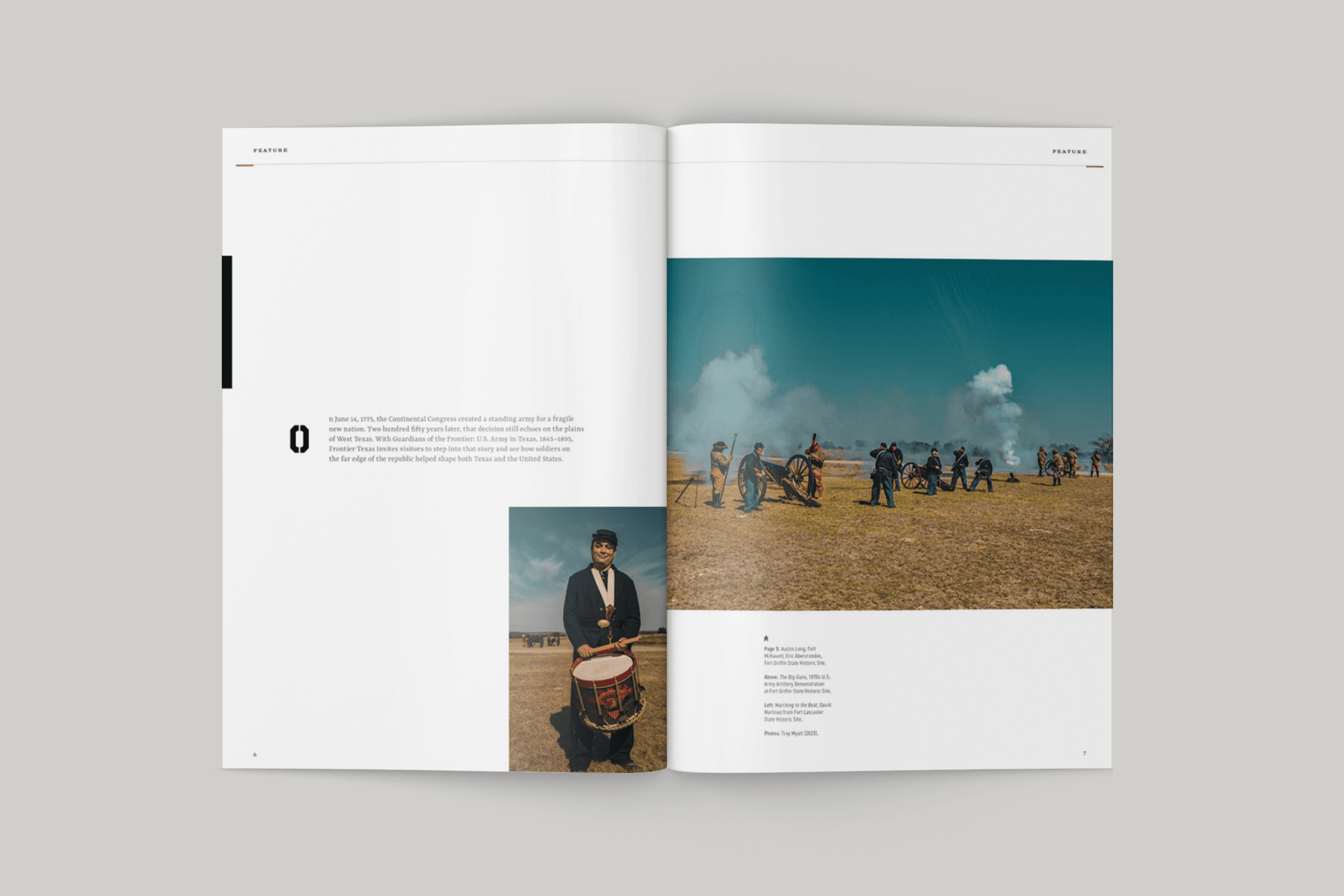 Frontier Texas opening spread showing a solider drummer and actors firing cannons