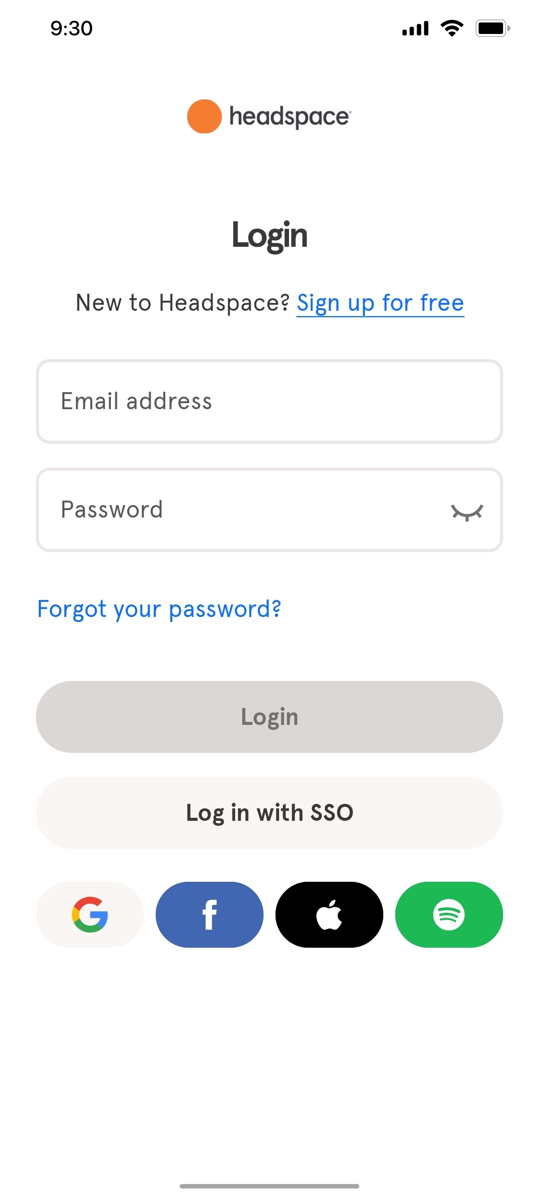 Headspace Login screen