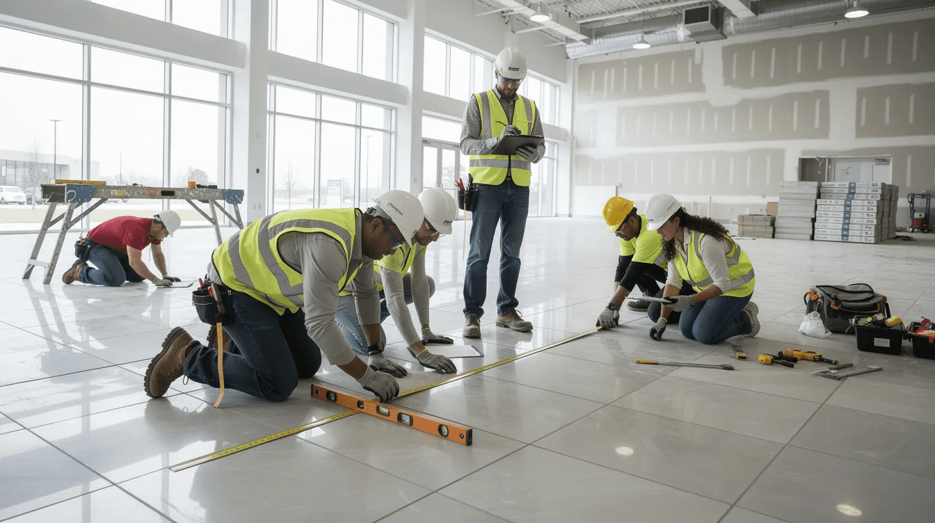 A group of construction workers, dressed in safety gear, is inspecting the tile installation on a commercial interior floor to ensure it meets specified quality standards. This quality control process is essential for successful project management in construction, ensuring that the project progresses smoothly and adheres to project plans.