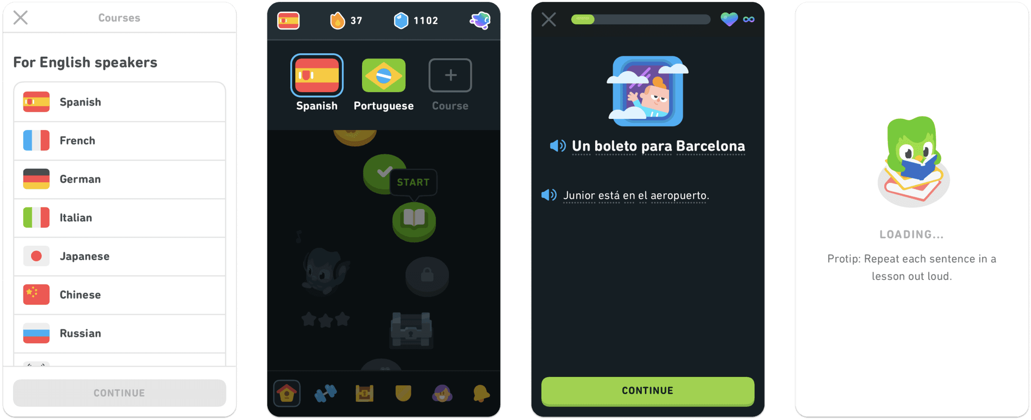 Screenshots of the Duolingo app featuring flag icons representing language courses.