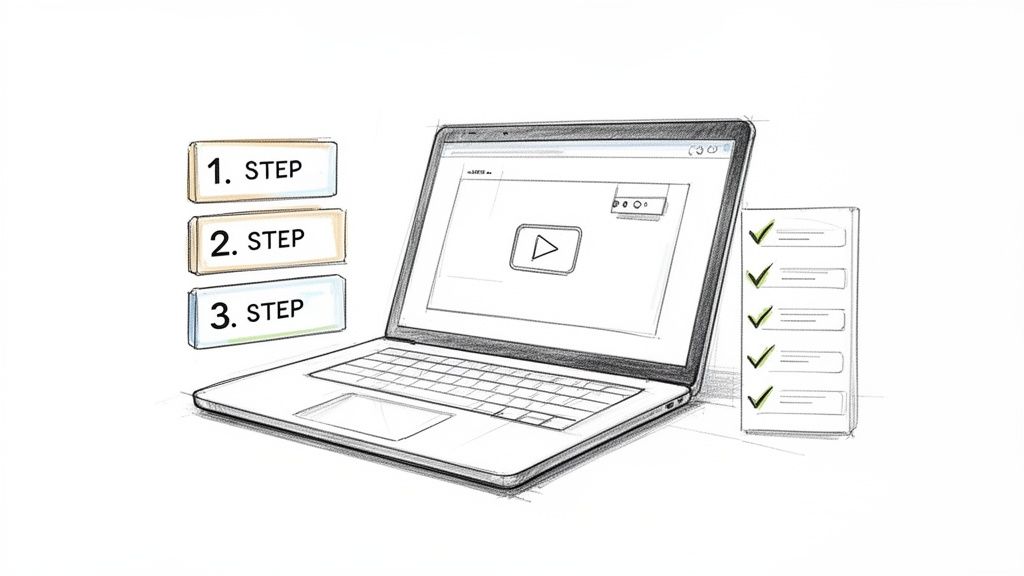 A sketch illustration shows a laptop, three numbered steps, and a checklist with green checkmarks.