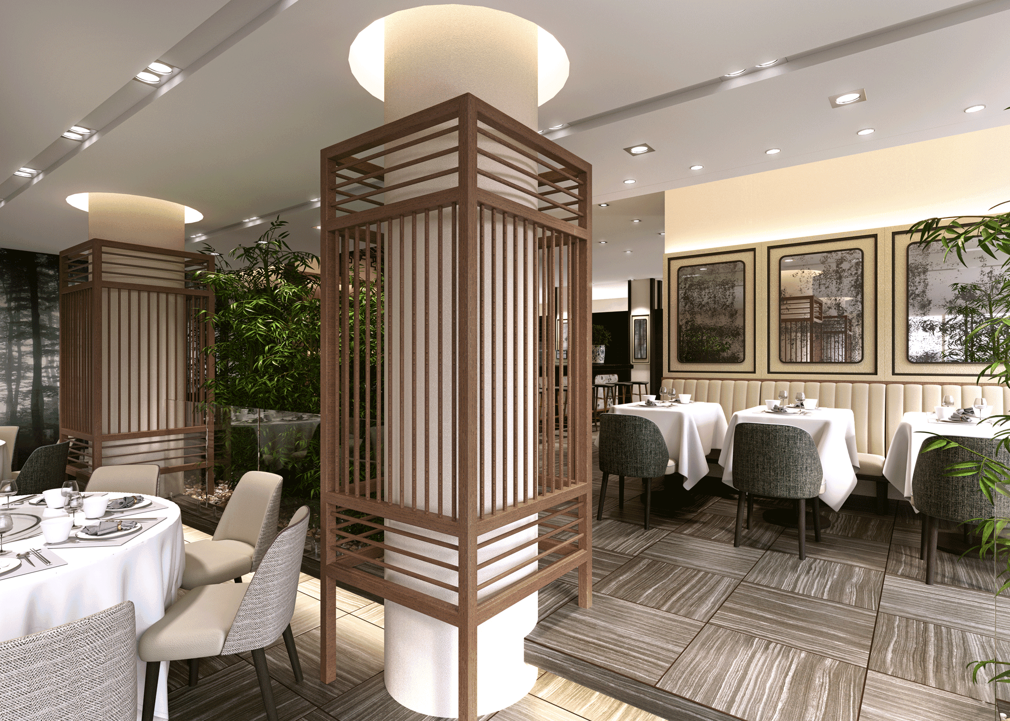 A modern, elegant restaurant interior features neatly arranged tables with white tablecloths, contemporary wooden partitions, ambient lighting, and lush green plants, creating a sophisticated and inviting atmosphere.