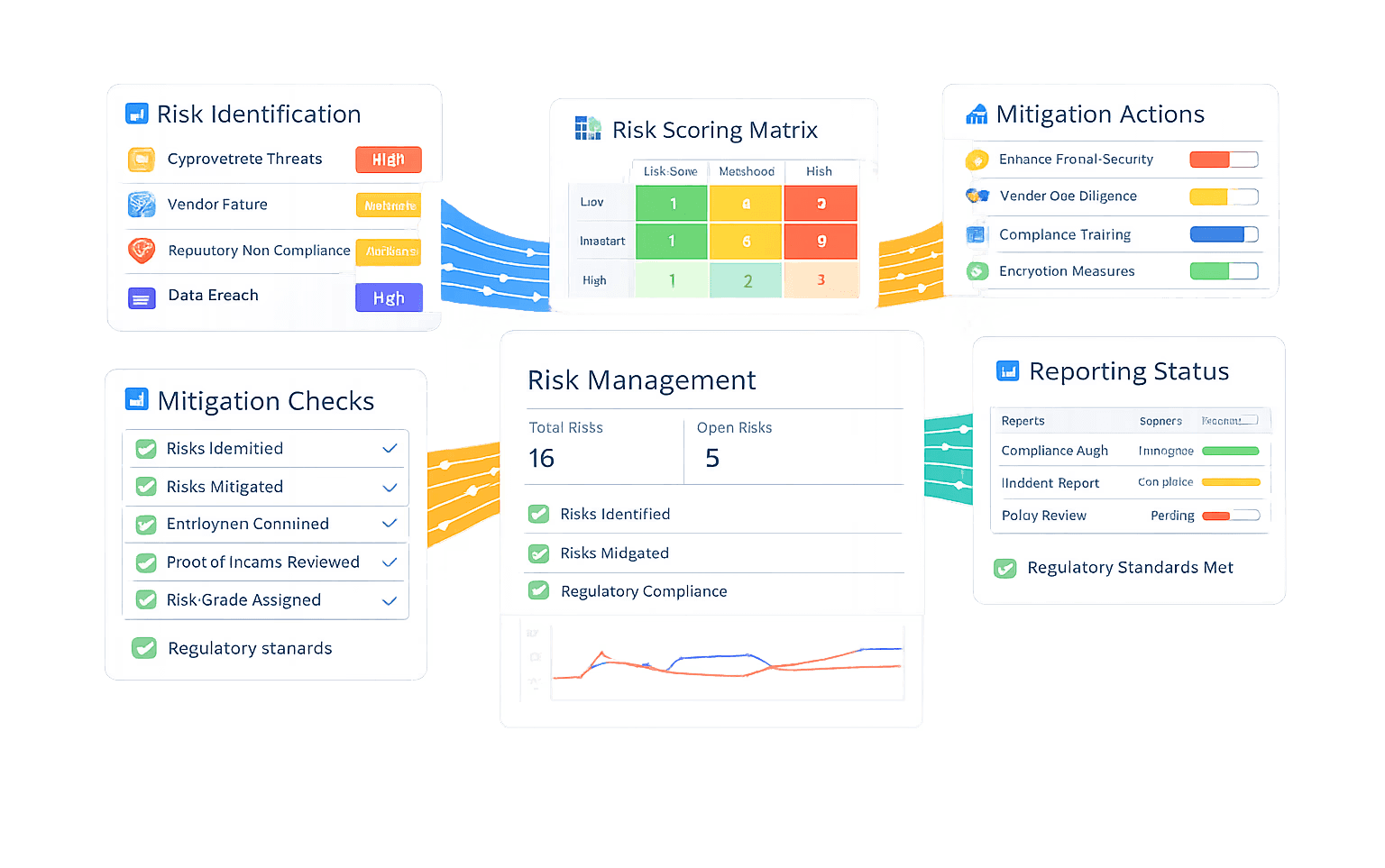 Ilustrasi consolidated treasury, liquidity, dan investment management dashboard. Di tengah, Treasury Dashboard menampilkan saldo kas dan portofolio sekitar Rp15,78 triliun, grafik tren waktu, serta komposisi alokasi investasi (donut chart) dan ringkasan yield. Di kiri atas, panel Consolidated Financial Position merangkum total portofolio (~Rp15,79 triliun) yang terbagi ke bank accounts, treasury funds, other holdings, serta investments (obligasi, reksa dana, instrumen pasar). Di kiri bawah, Liquidity Dashboard menunjukkan liquidity ratio, kebutuhan arus kas jangka pendek, jatuh tempo pinjaman, dan aset likuid. Di kanan atas, Investment Instruments merinci instrumen seperti government bonds, corporate bonds, money market funds, blue‑chip stocks, dan growth stocks beserta nilainya. Di kanan bawah, Performance Metrics menampilkan portfolio returns ~6,2%, grafik kinerja, indikator kepatuhan, serta status risiko dan tombol rebalance now. Alur data berwarna menghubungkan seluruh modul, menggambarkan pengelolaan treasury, likuiditas, investasi, kinerja, dan risiko secara terintegrasi end‑to‑end.